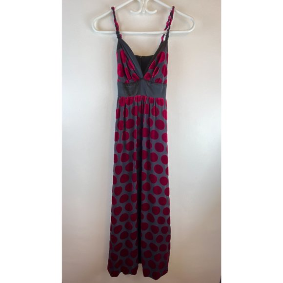 Voom 100% Silk Velvet 90s Y2K Polka Dot Fuschia & Black Maxi Dress Size XS - Picture 5 of 11
